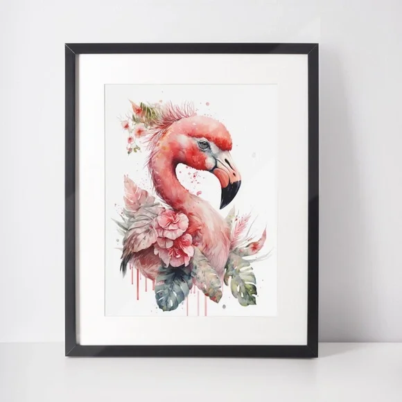 Watercolor Floral Flamingo Portrait Wall Art Illustration Print Poster Unframed - Picture 2 of 6